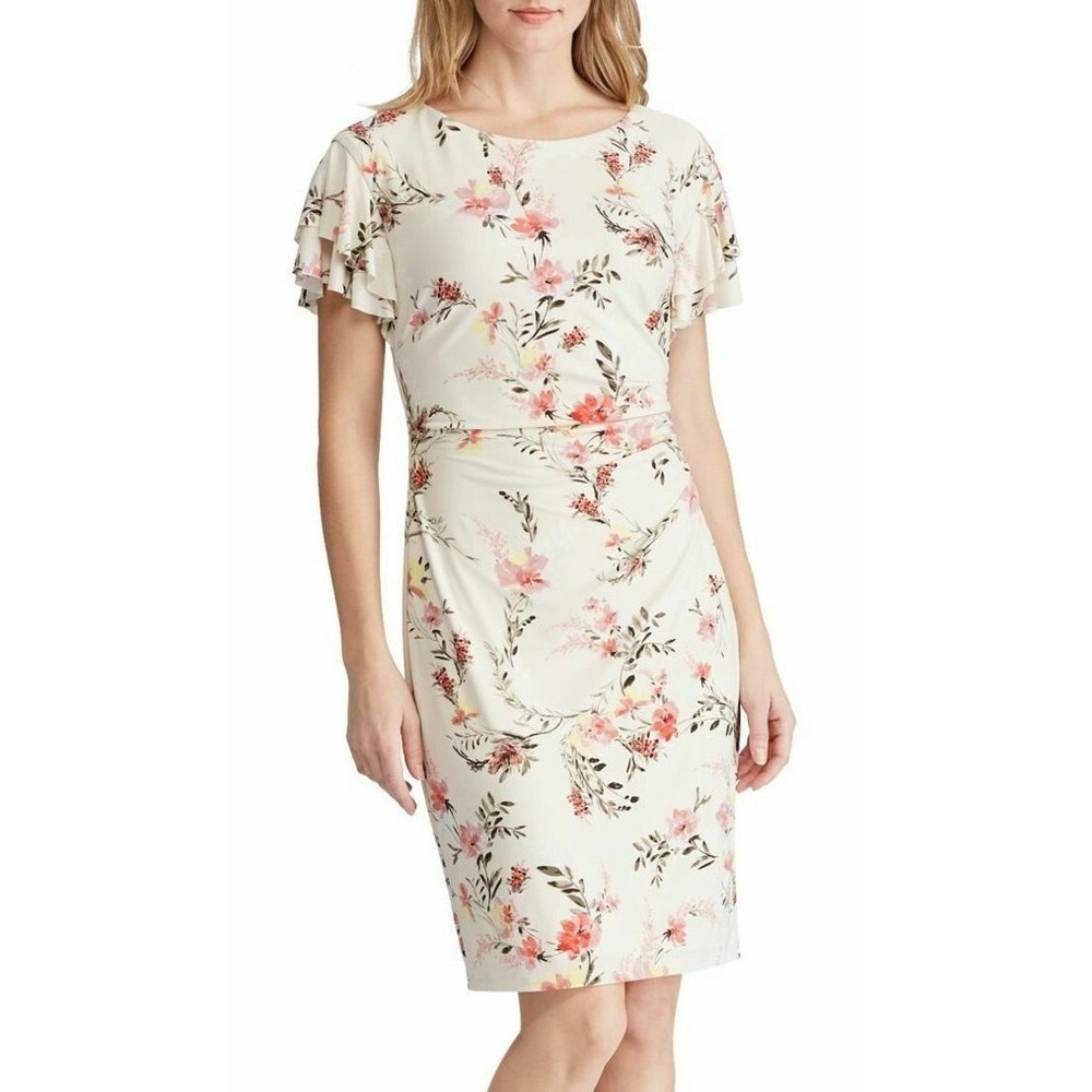 Lauren Ralph Lauren Knee Length Sheath Dress Flutter Sleeve Jersey Floral sz 6